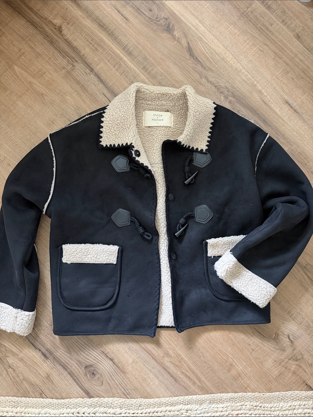 Black Sherpa-Trim Toggle Bomber Jacket